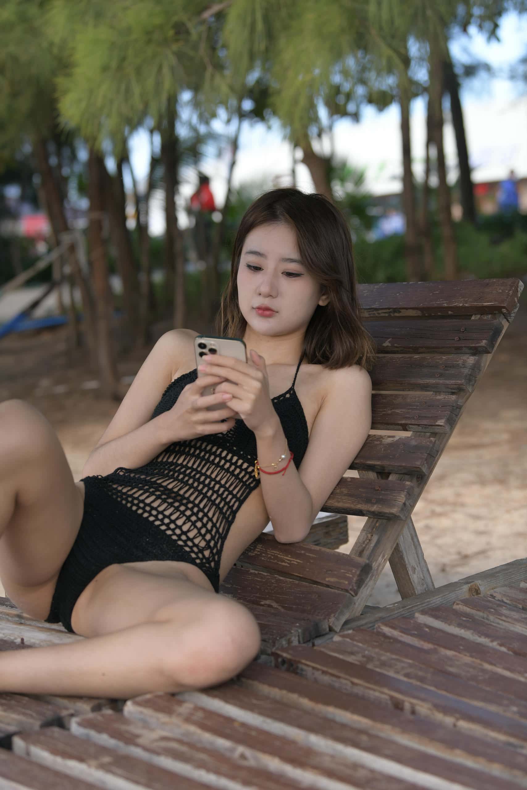 图片[3]-海边度假的黑色泳装少女【445P】QB7080-枫林图图